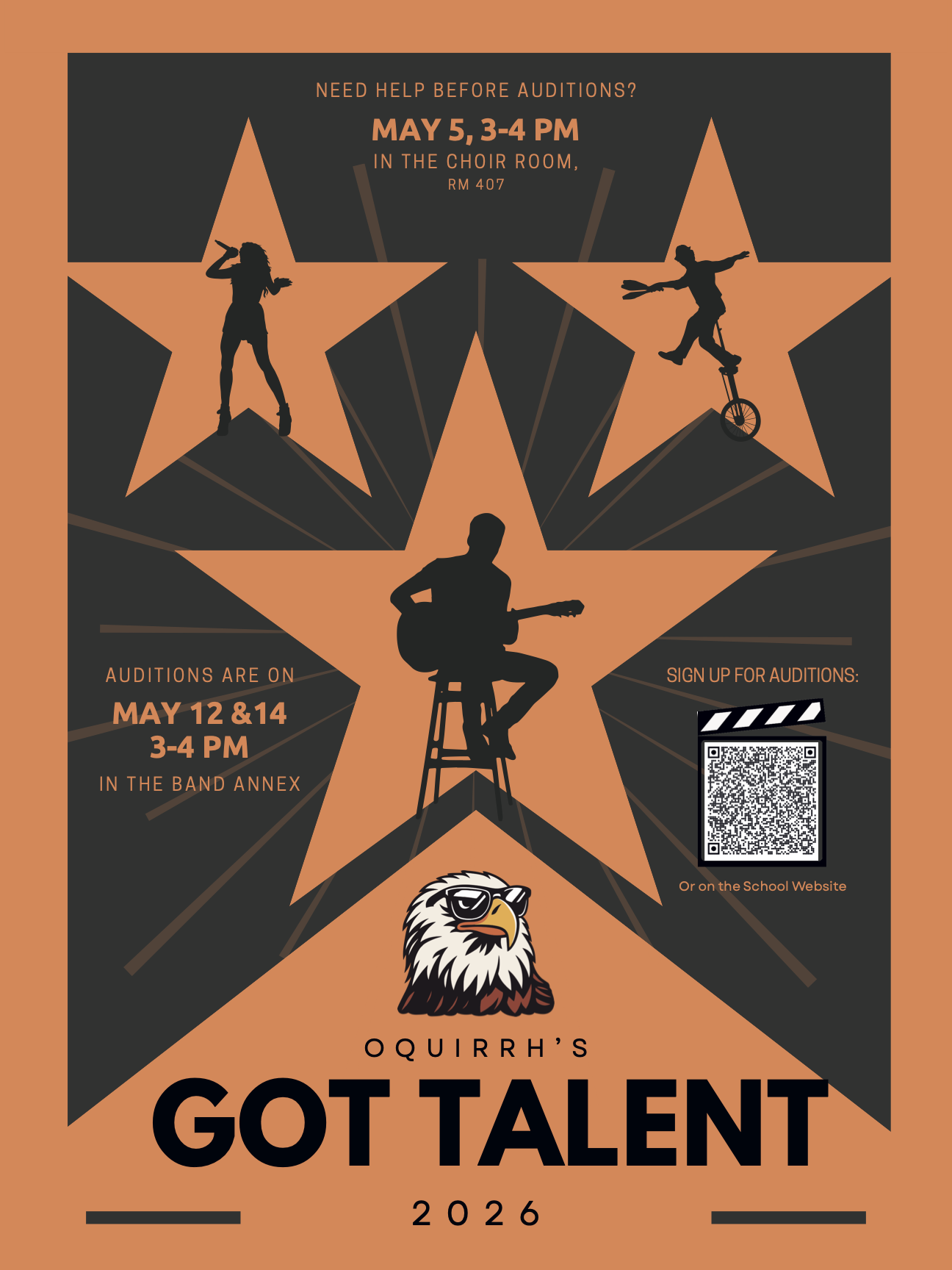 This poster advertises our school talent show. Links to sign up for an audition are directly above this poster.